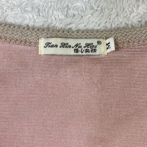 Tian Xin Ny Hai Pink brown polka dot ruffled drop waist sweater dress, size med - Picture 7 of 9